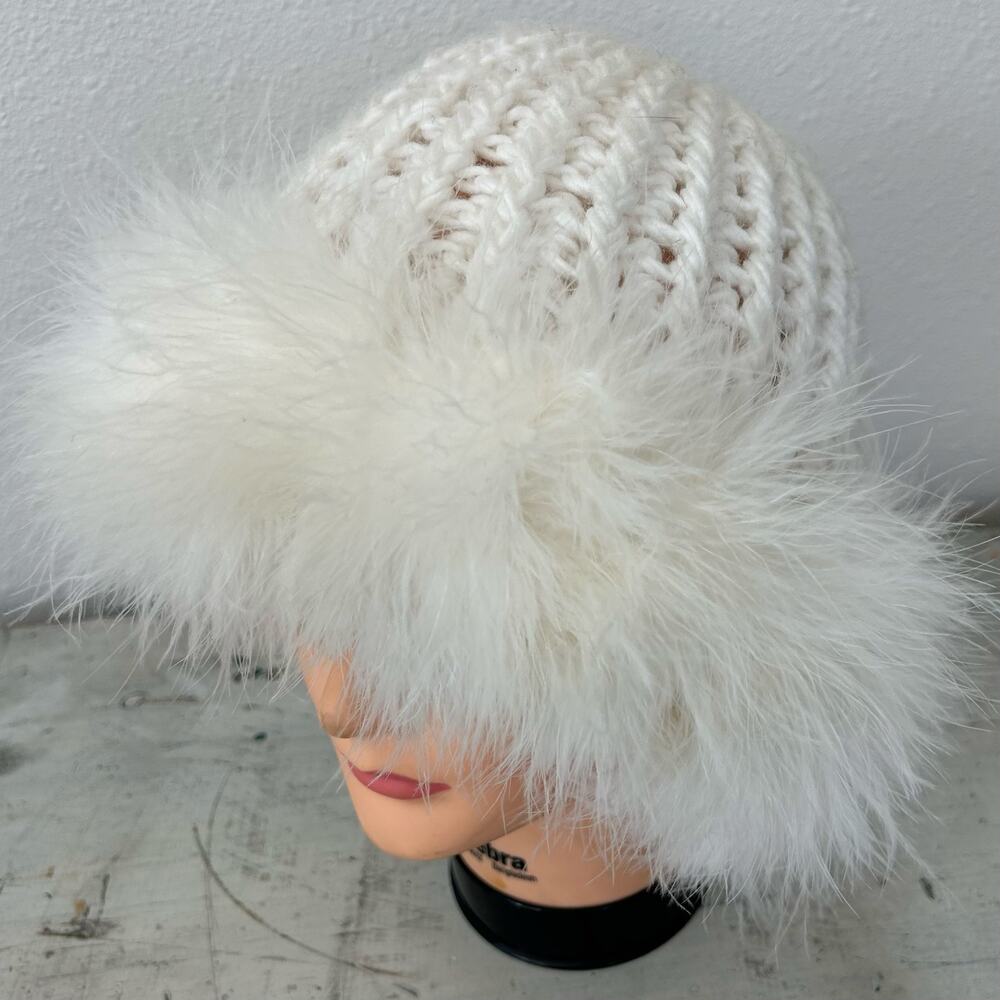 Vintage Chunky Knit Beanie Hat Feather Trim Y2K Winter Snow Bunny ski white - Picture 2 of 16